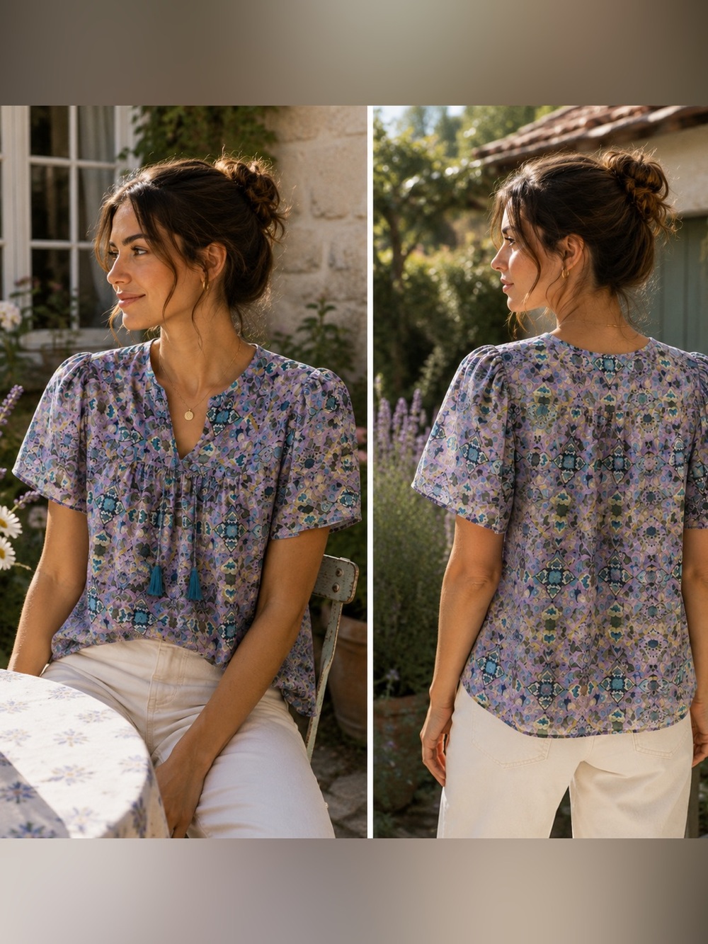 Hyacinth House Women’s Lavender & Teal Printed Pattern Cotton Blouse Size XS